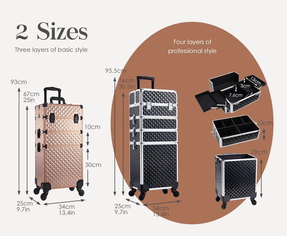 Makeup Trolley Case 4-in-1 — Detachable Alloy Train Briefcase with Wheels, Lockable Large Capacity Storage for Nail Manicure Salon