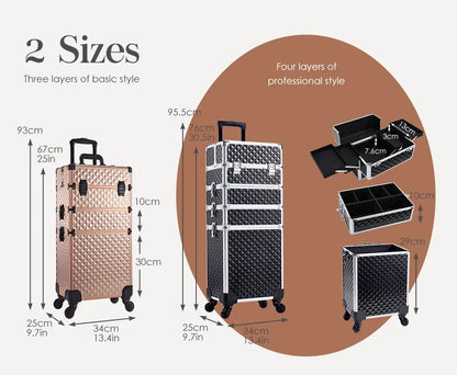 Makeup Trolley Case 4-in-1 — Detachable Alloy Train Briefcase with Wheels, Lockable Large Capacity Storage for Nail Manicure Salon