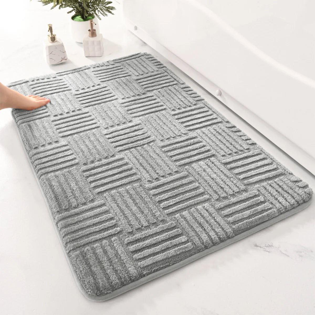 Thickened Absorbent Striped Floor Mat - Solid Color Non-Slip Cotton Velvet Bathroom & Bedroom Carpet
