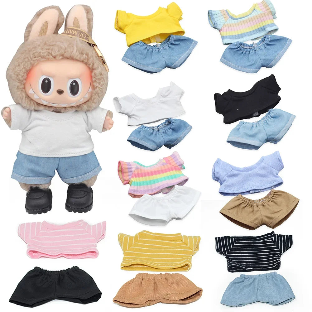 Labubu Idol Doll Clothes Set – T-Shirt & Denim Shorts Outfit for 17cm Labubu & 10cm Cotoon Dolls, Doll Accessories