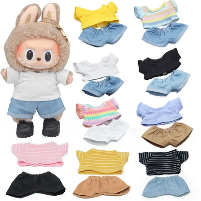 Labubu Idol Doll Clothes Set – T-Shirt & Denim Shorts Outfit for 17cm Labubu & 10cm Cotoon Dolls, Doll Accessories