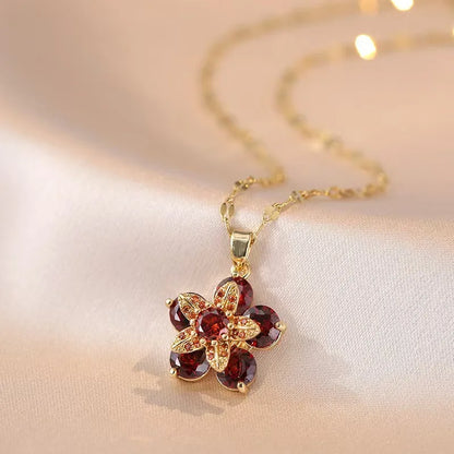 Light Luxury Gold Zircon Flower Pendant Necklace for Women – Elegant Spin Design High-End Party Jewelry Gift Chain Necklace