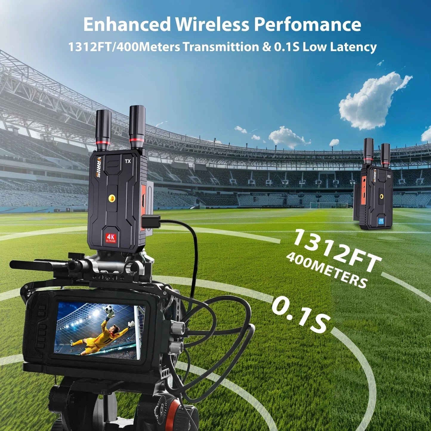 400m 5G 4K Wireless Video Transmitter & Receiver – HDMI Extender, Dual Display Adapter, Battery Support for Wedding Camera & Live Streaming