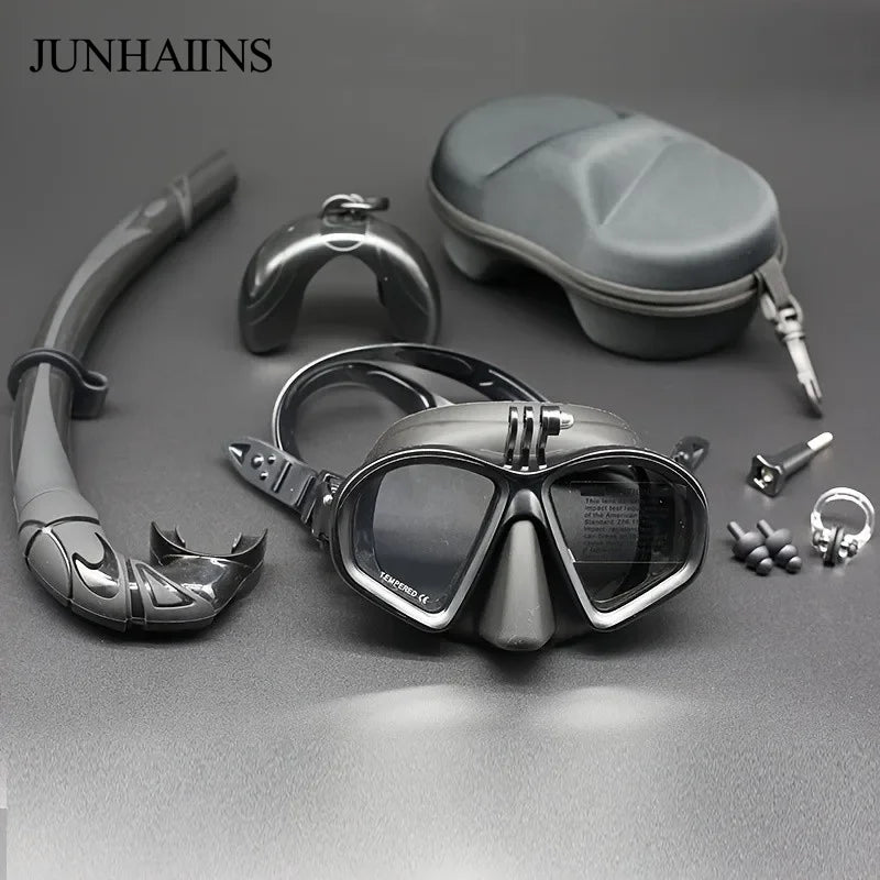 Freediving Mask with Camera Mount - Two-Window Tempered Glass Waterproof Anti-Fog Snorkeling Mask