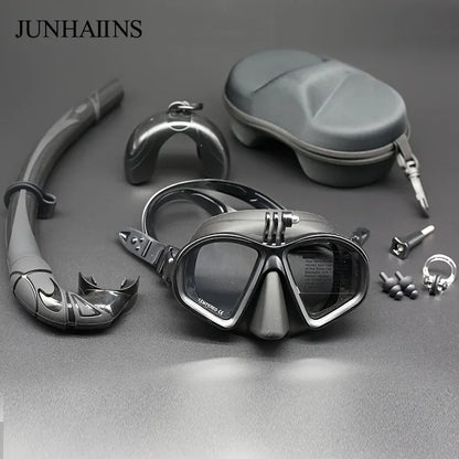 Freediving Mask with Camera Mount - Two-Window Tempered Glass Waterproof Anti-Fog Snorkeling Mask