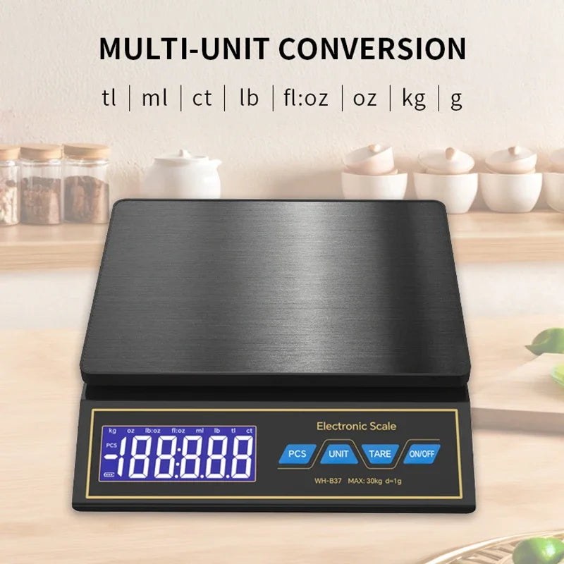LCD Digital Kitchen Scale 30kg/1g – Rechargeable Stainless Steel Precision Electronic Weighing Scale for Food, Baking & Jewelry