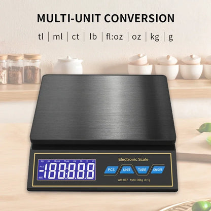 LCD Digital Kitchen Scale 30kg/1g – Rechargeable Stainless Steel Precision Electronic Weighing Scale for Food, Baking & Jewelry