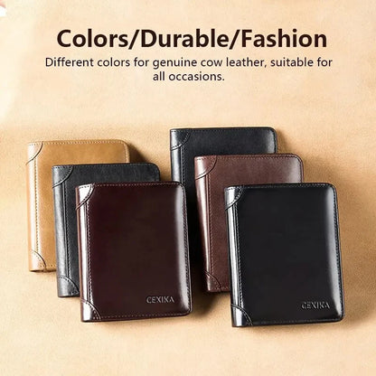 Men’s Genuine Leather RFID Blocking Trifold Wallet – Short Business Wallet with ID Window & Credit Card Holder Slim Men’s Purse