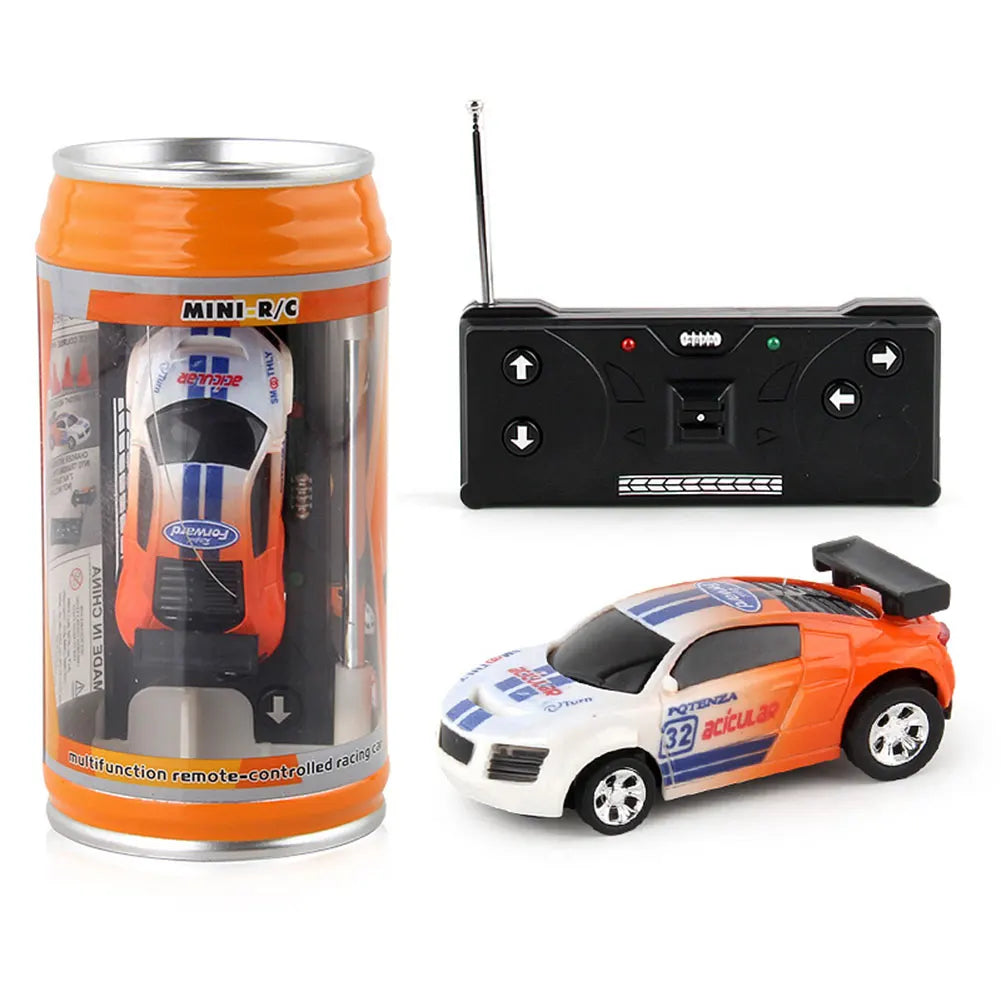 Coke Can Mini RC Car — Battery-Operated Plastic Remote Control Racing Vehicle with Roadblocks, Micro Racing Toy for Kids & Boys