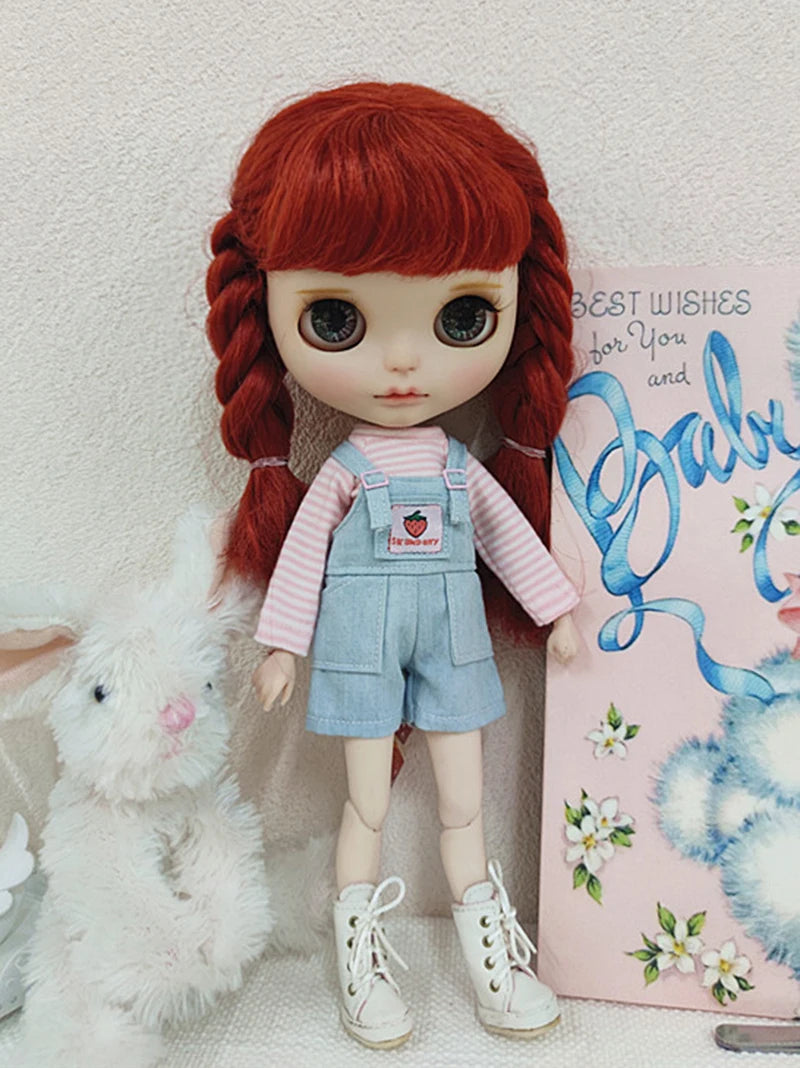 Casual Blythe Doll Clothes – Romper, Plaid Pants & Long Sleeve Top for Licca, Azone, OB24/OB27 Dolls