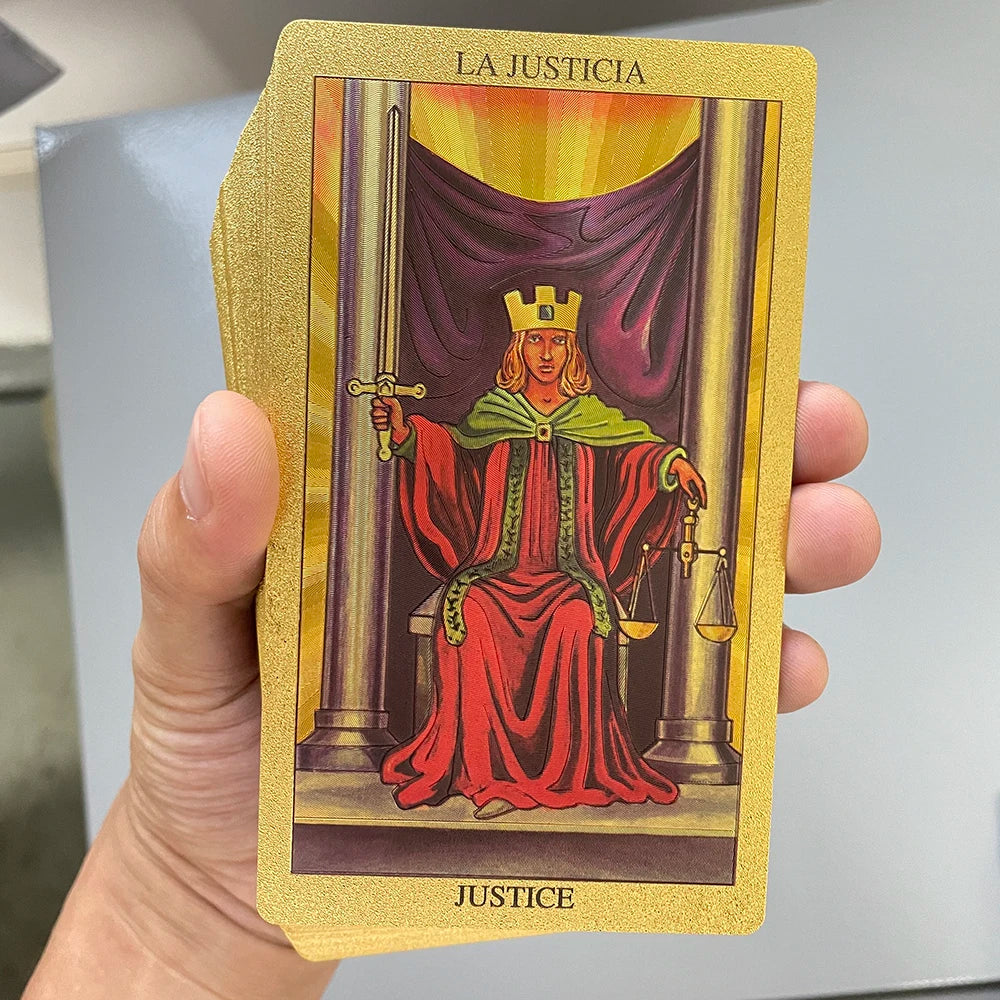 Spanish & English Golden Foil Tarot Deck – 12x7cm Prophecy Cards for Beginners with 2-Language Guidebook