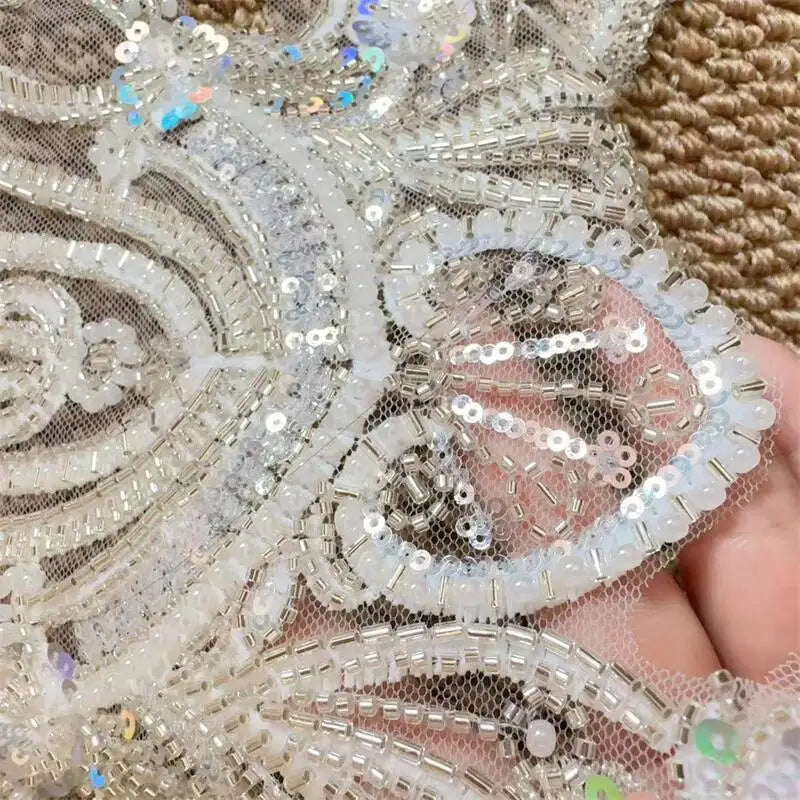 Beaded Sequin Flower Embroidered Lace Applique Patch - DIY Wedding & Children’s Clothing Sewing Accessory