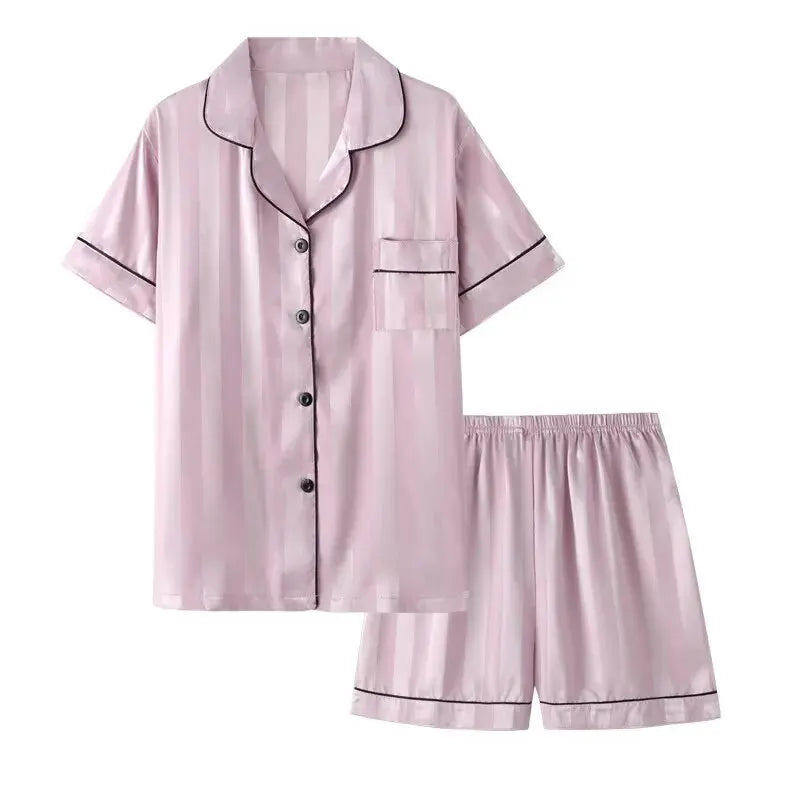 Women's Plus Size Satin Pajamas Set – Elegant Striped Long Sleeve Button-Up Top and Pants Loungewear
