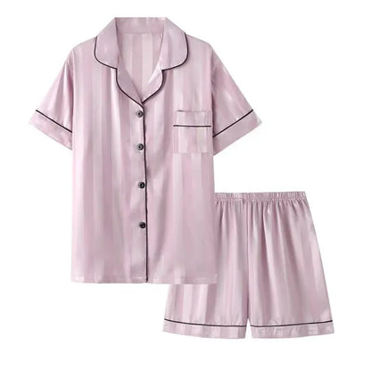 Women's Plus Size Satin Pajamas Set – Elegant Striped Long Sleeve Button-Up Top and Pants Loungewear