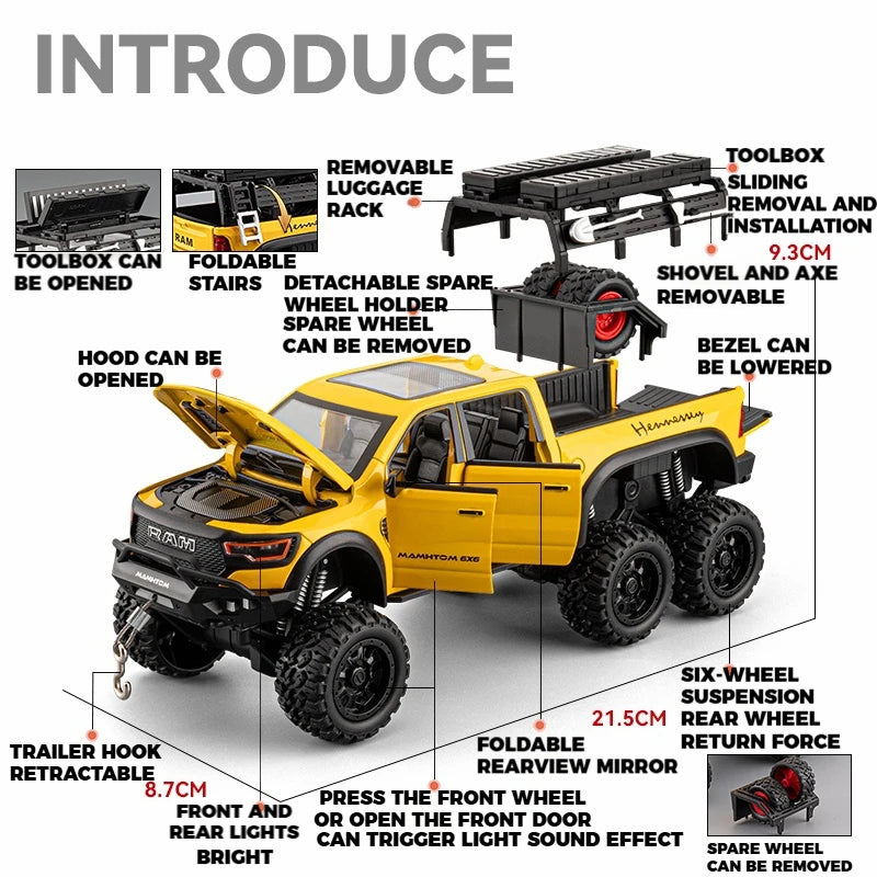 1:24 Dodge Mammoth RAM 1000 TRX 6x6 Diecast Model – Metal Alloy Pickup Toy Car with Lights for Kids & Collectors