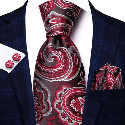 Hi-Tie Red Burgundy Plaid Silk Tie Set — Designer Men’s Necktie with Handkerchief & Cufflinks for Wedding or Business