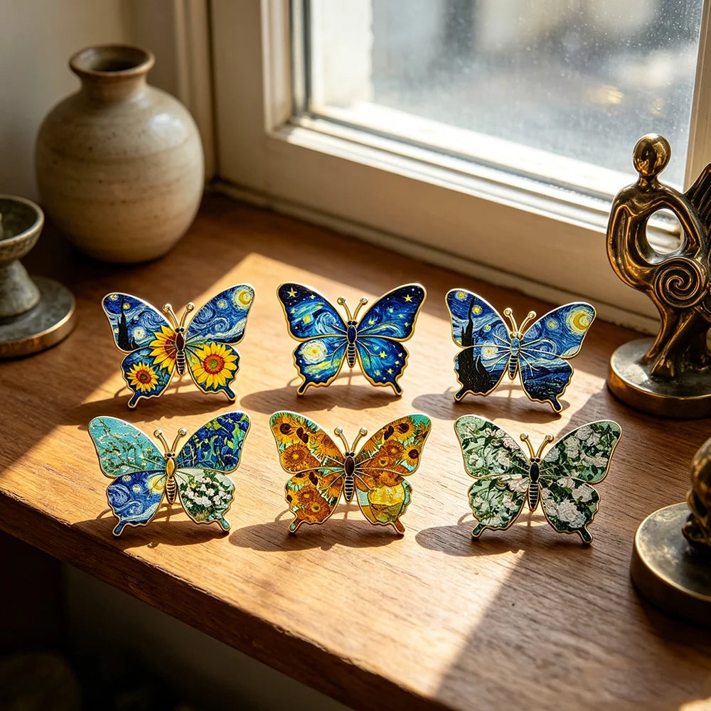 6-Piece Vintage Enamel Butterfly and Sunflower Pin Set - Artistic Lapel Brooches for Clothing, Backpacks and Gifts for Friends