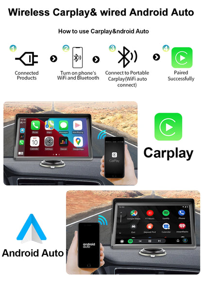 7 Inch IPS Portable Car Radio – WIFI Wireless CarPlay & Android Auto, Multimedia Video Player with Reversing Camera for Apple/Android