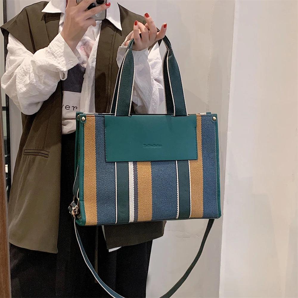 MOODS Quality Canvas Tote Bag for Women 2023 – Luxury Designer Handbag, Contrast Color Striped, Big Shoulder Crossbody Shopper Totes