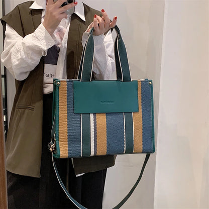 MOODS Quality Canvas Tote Bag for Women 2023 – Luxury Designer Handbag, Contrast Color Striped, Big Shoulder Crossbody Shopper Totes