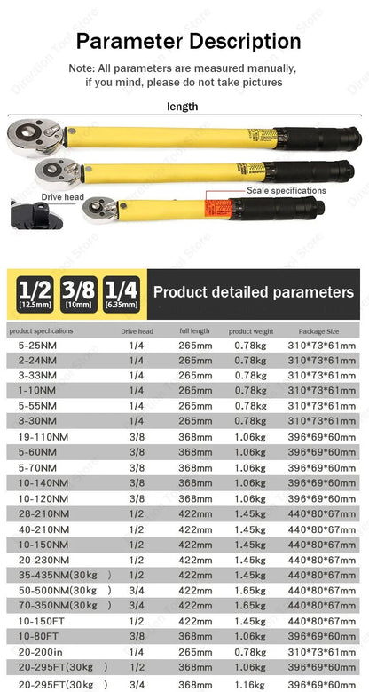3/8” Bidirectional Torque Wrench — 5-60/19-110/10-140N·m Preset Tool for Bicycle, Motorcycle & Car Repair