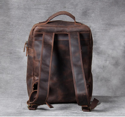 Vintage Crazy Horse Leather Backpack for Men — 17" Laptop Travel Rucksack Cowhide Hiking Bag M815