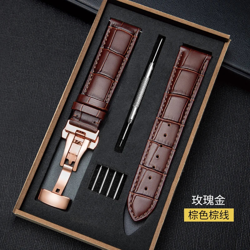 Genuine Leather Watch Strap with Wooden Box – Butterfly Clasp Bracelet 18-24mm Wristband