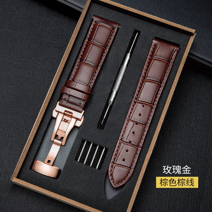 Genuine Leather Watch Strap with Wooden Box – Butterfly Clasp Bracelet 18-24mm Wristband
