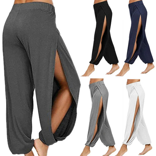 Women’s Summer High Slit Harem Pants – Loose Fit Wide Leg Yoga & Sports Trousers, Breathable Hippie Style Activewear