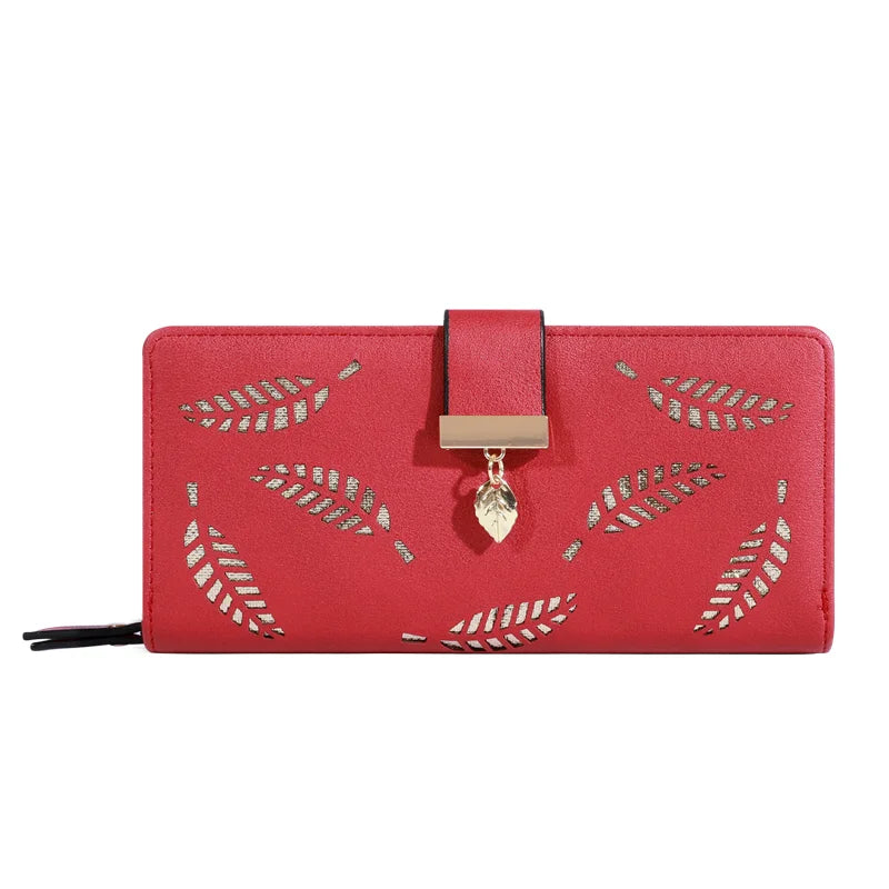 Women’s Long PU Leather Wallet – Gold Hollow Leaf Design Clutch Purse with Coin Pocket & Card Holders