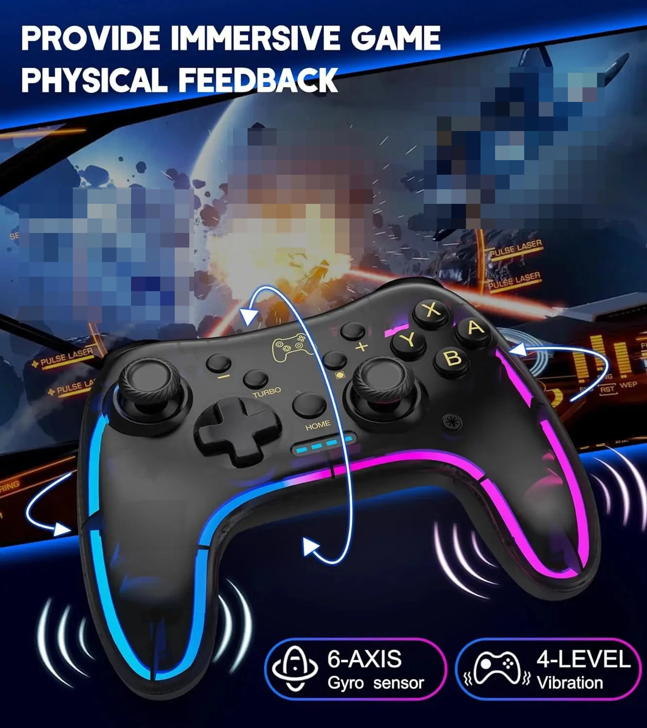 Controller 7039 for Nintendo Switch – Transparent Gamepad with RGB Lights, Turbo, Wake-Up, Multi-Platform & App Support