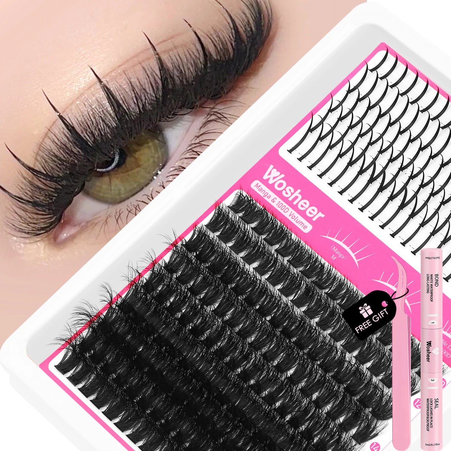 WOSHEER Lash Clusters Kit – Spiky Volume Individual Eyelash Extensions DIY Manga-Style Faux Mink Cluster Lashes