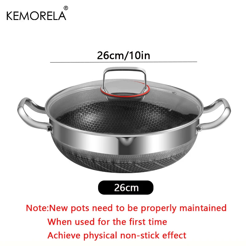 Stainless Steel Frying & Soup Pot Combo - Non-Stick Honeycomb Bottom with Lid, Suitable for Induction & Gas Stoves, Available in 26cm, 28cm, 30cm