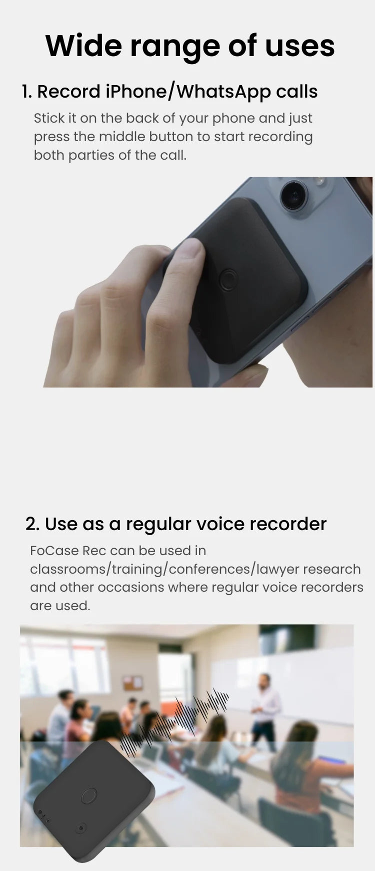 AI Voice & Call Recorder – Speech-to-Text & Summarization, 100 Languages Support, 64GB Storage