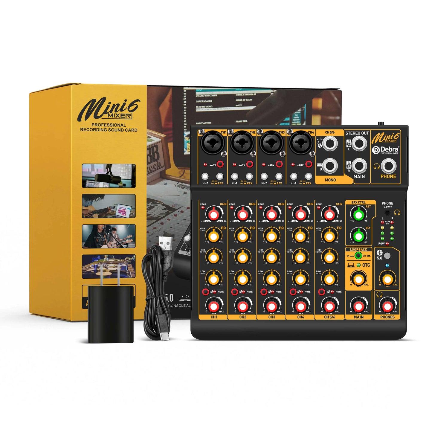 Debra Mini6 6-Channel Metal Audio Mixer Interface with Bluetooth & Delay Repeat Effect – OTG Sound Mixing Console for PC Recording