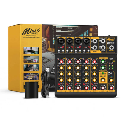 Debra Mini6 6-Channel Metal Audio Mixer Interface with Bluetooth & Delay Repeat Effect – OTG Sound Mixing Console for PC Recording