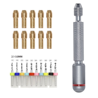 11/21-Piece Needle Vise Set – Hand Twist Drill with Double Bearing and Interchangeable Rotary Bits of Various Sizes