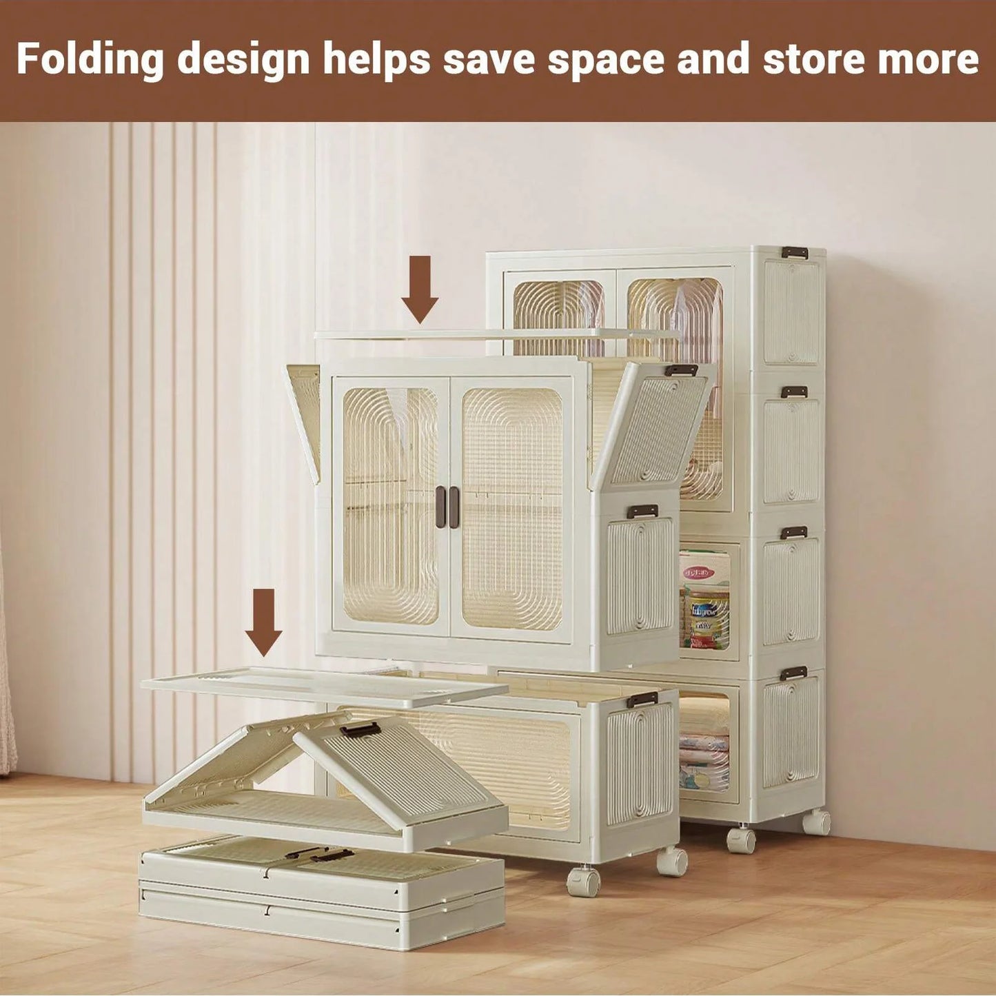 Plastic Wardrobe Closet — 27.6" Wide Stackable Multi-Layer Storage Bins with Lids & Wheels, Collapsible Drawer Organizer