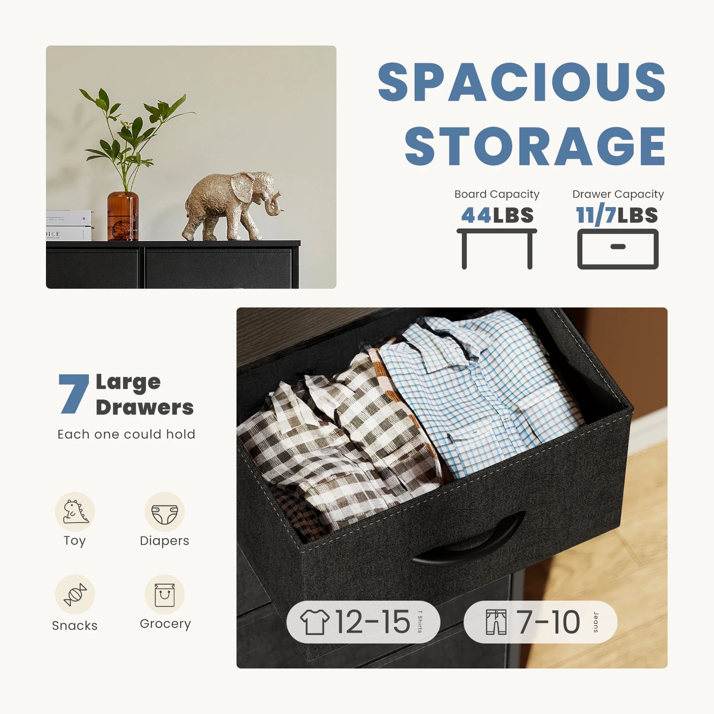 Bedroom Dresser with 7 Fabric Drawers – Organizer Storage Closet & Clothes Display Cabinet for Living Room