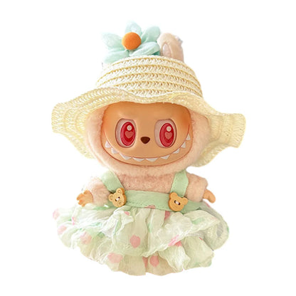 Labubu v1v2 Doll Clothes Outfit (15-17cm) – Sitting Party Bear Accessories with Scarf, Hat & Bag
