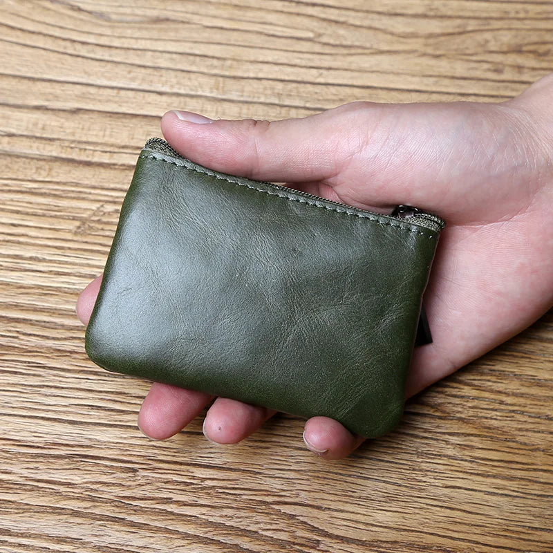 Leather Mini Coin Purse – Unisex Retro Handmade Cowhide Small Wallet with Zipper & Key Case