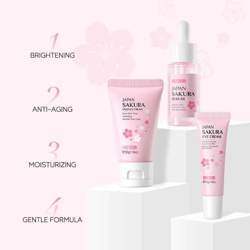 3pcs LAIKOU Vitamin C 24K Golden Sakura Skincare Set – Moisturizing Face Cream, Serum & Eye Cream