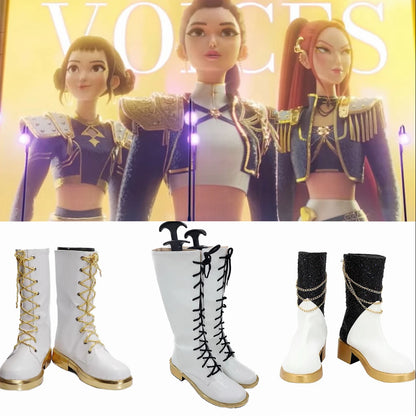 Girls Rumi Zoey Mira Cosplay Boots — Black Gold K-Pop Demon Hunters Costume Shoes for Halloween Role Play