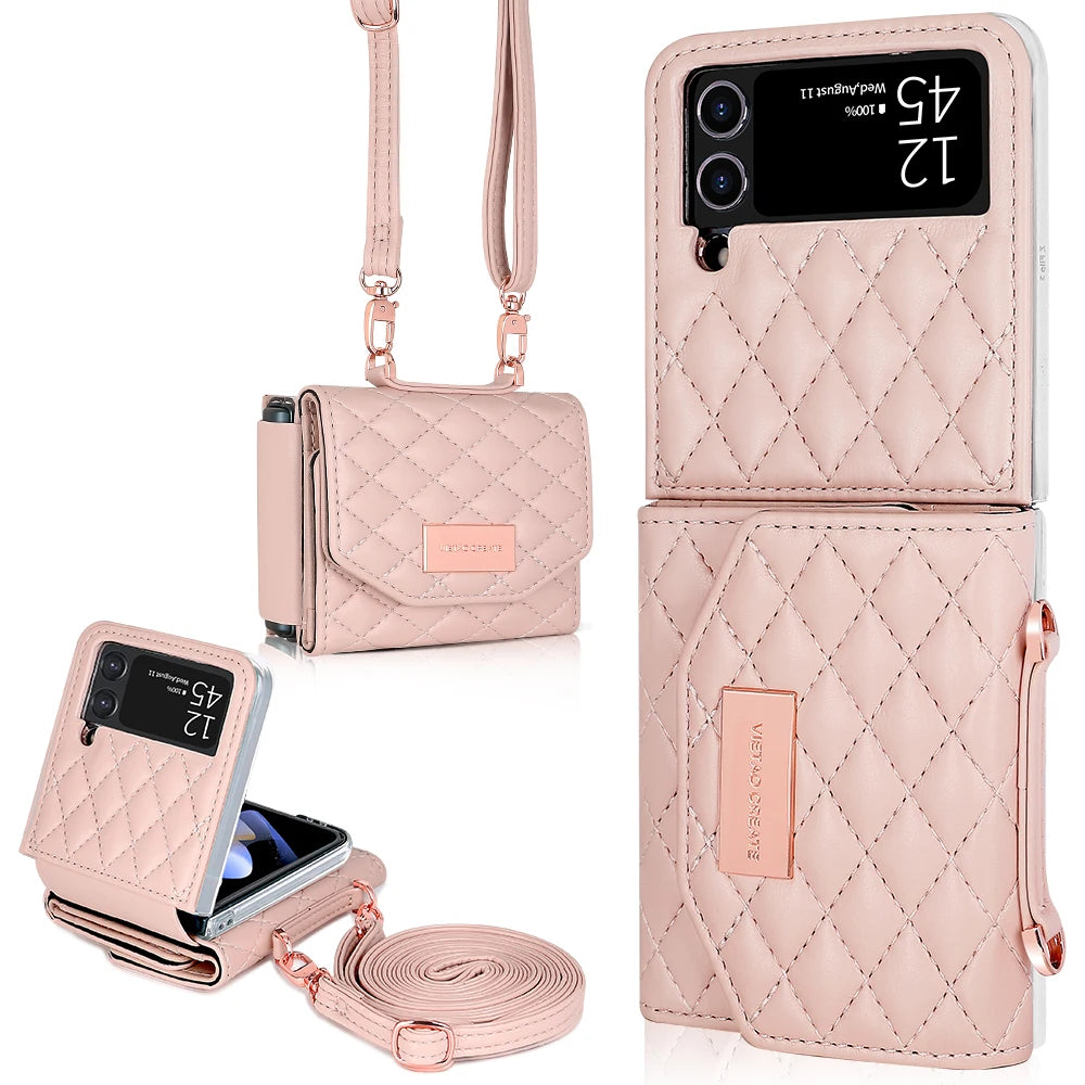 VIETAO Leather Wallet Phone Case with Crossbody Strap — Pink Purse Case for Samsung Galaxy Z Flip 3/4/5/6/7