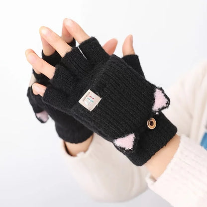Women’s Cat Ear Fingerless Gloves - Warm Convertible Winter Gloves with Elastic Fit