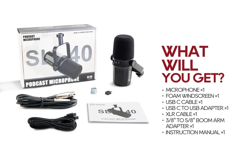 FDUCE SL40+ USB/XLR Dynamic Microphone Kit with Headset Output, Sound Insulation & Arm Stand for PC, PS5/PS4, and Mixers