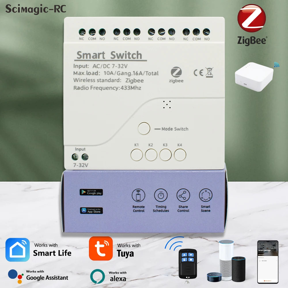 Tuya Zigbee & eWeLink Smart WiFi Module Switch, 4CH Relay 12V/24V/110V/220V RF 433 Remote Control, Works with Alexa & Google Home