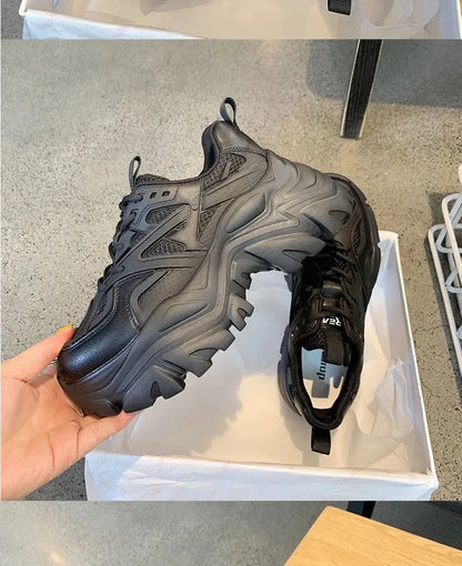 2024 Women's Fashion Platform Sport Shoes - Chunky Black Mesh Leather Casual Sneakers for Summer