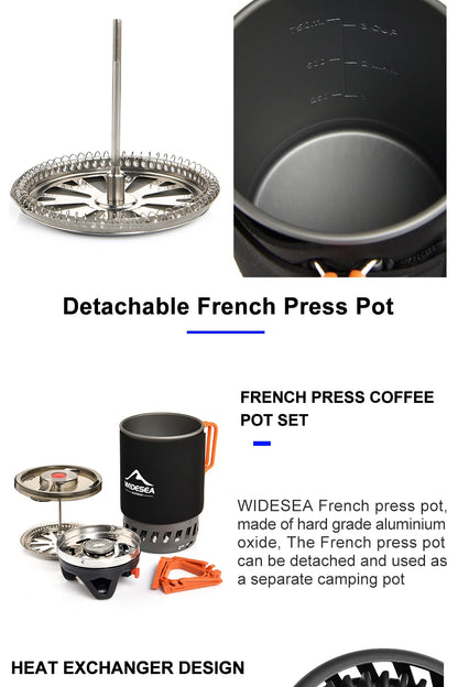 Widesea Camping Cooking System – Gas Stove Burner with Heat Exchanger, Coffee Pot & Cookware for Outdoor Tourism