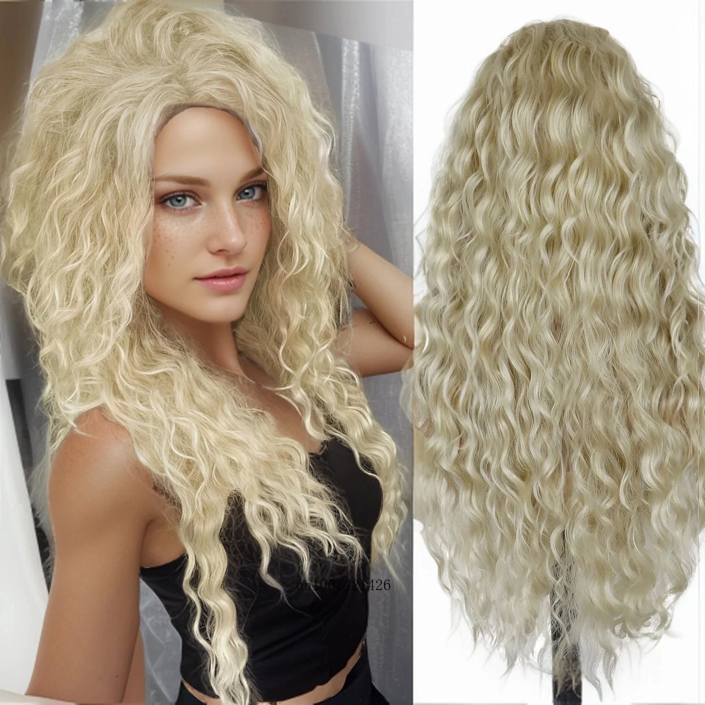 Ash Blonde Synthetic Wig – 26" Long Curly Ombre Hair, Fluffy Wave Wig for Women, Costume & Party Wig